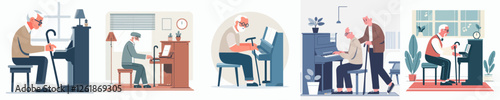 Vector illustration of a grandfather using a cane while playing the piano at home with a flat, simple, minimalist style on a plain white background.