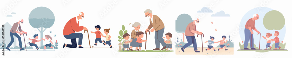 Vector illustration of a grandfather using a cane while playing with his grandchildren in the yard with a flat, simple, minimalist style on a plain white background. Vector illustration of a grandfather using a cane while playing with his grandchildren in the yard with a flat, simple, minimalist style on a plain white background.