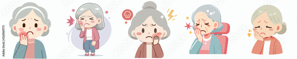 Vector illustration of a grandmother experiencing a toothache with a flat, simple, minimalist style on a plain white background. Vector illustration of a grandmother experiencing a toothache with a flat, simple, minimalist style on a plain white background.