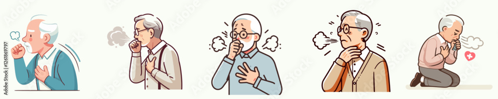 Vector illustration of a grandfather experiencing shortness of breath with a flat, simple, minimalist style on a plain white background. Vector illustration of a grandfather experiencing shortness of breath with a flat, simple, minimalist style on a plain white background.