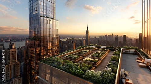 Rooftop garden, Manhattan sunset view, city skyline, luxury apartment