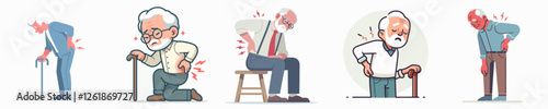 Vector illustration of a grandfather experiencing a sore back with a flat, simple, minimalist style on a plain white background.
