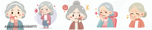 Vector illustration of a grandmother experiencing a toothache with a flat, simple, minimalist style on a plain white background.