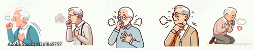 Vector illustration of a grandfather experiencing shortness of breath with a flat, simple, minimalist style on a plain white background.