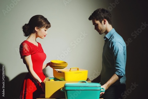 A young couple carefully packs colorful kitchenware into boxes, preparing for a move or a new chapter. photo