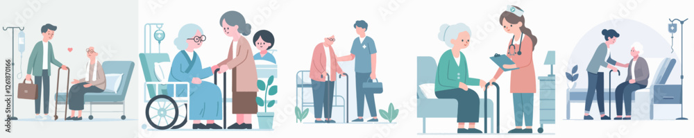 Vector illustration of a grandmother using a cane while visiting a friend in the hospital with a flat, simple, minimalist style on a plain white background. Vector illustration of a grandmother using a cane while visiting a friend in the hospital with a flat, simple, minimalist style on a plain white background.