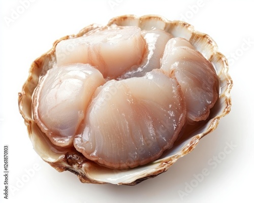 Seared Scallops in Shell:  Plump, seared scallops nestled in their natural shell, showcasing their delicate texture and pearly white color. A culinary masterpiece ready to be savored.