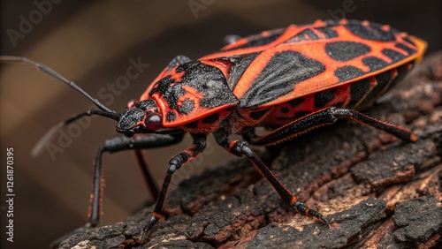 Fiery Hunter: A detailed close-up of a vibrant red and black insect, possibly a species of assassin bug, showcases its intricate markings and powerful legs on a textured bark background.   photo