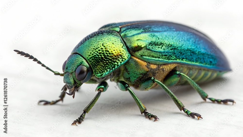 Jewel-toned Beetle Close-up: A vibrant green and blue metallic beetle, showcasing intricate details of its carapace and delicate legs, is captured in a stunning close-up shot.