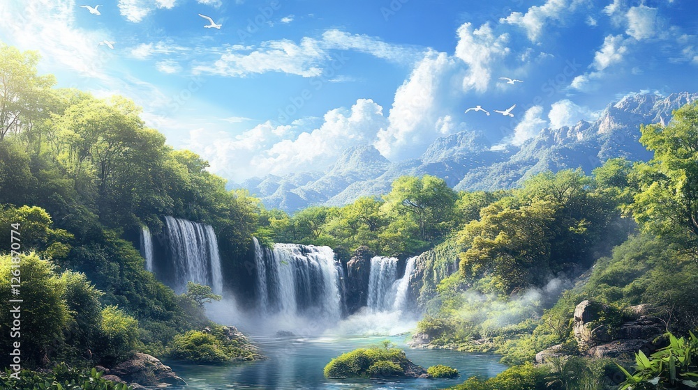 Fototapeta premium Lush Waterfall, Mountain Paradise, Birds Fly, Tranquil Scene, Travel Poster