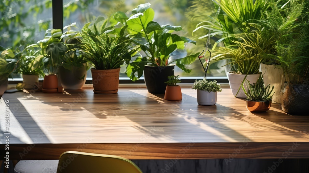 Fototapeta premium greenery wood table plant