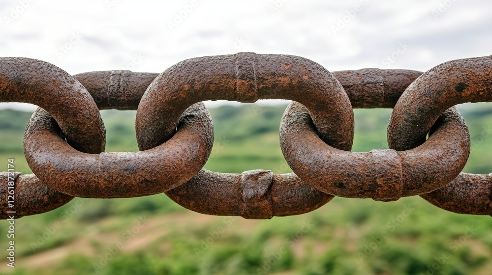 Close-up of Rusty Chain Links Amidst Lush Greenery Symbolizing Environmental Security Close-up of Rusty Chain Links Amidst Lush Greenery Symbolizing Environmental Security