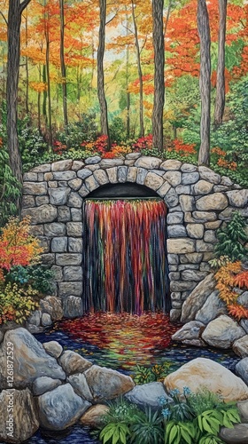 Chromatic Cascade, An Enchanted Stone Bridge and Waterfall Fantasy photo