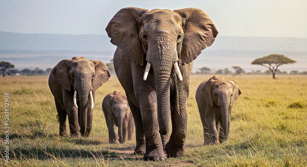 Fototapeta premium a massive African elephant leading its herd across the golden plains of the Serengeti