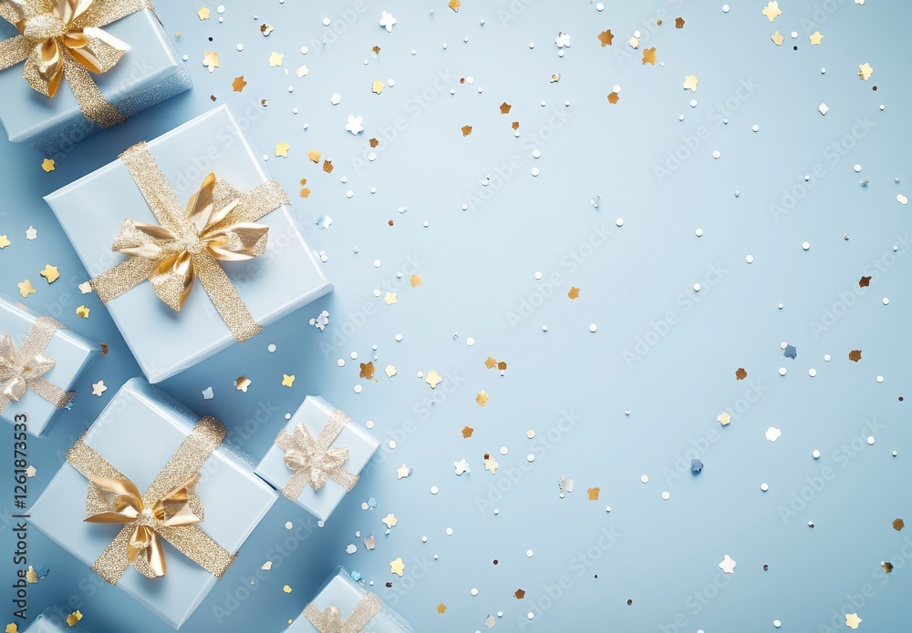 Pastel Presents: A delightful arrangement of light blue gift boxes adorned with elegant gold ribbons and scattered gold confetti on a pastel blue background. Perfect for celebrations, gifting. Pastel Presents: A delightful arrangement of light blue gift boxes adorned with elegant gold ribbons and scattered gold confetti on a pastel blue background. Perfect for celebrations, gifting.