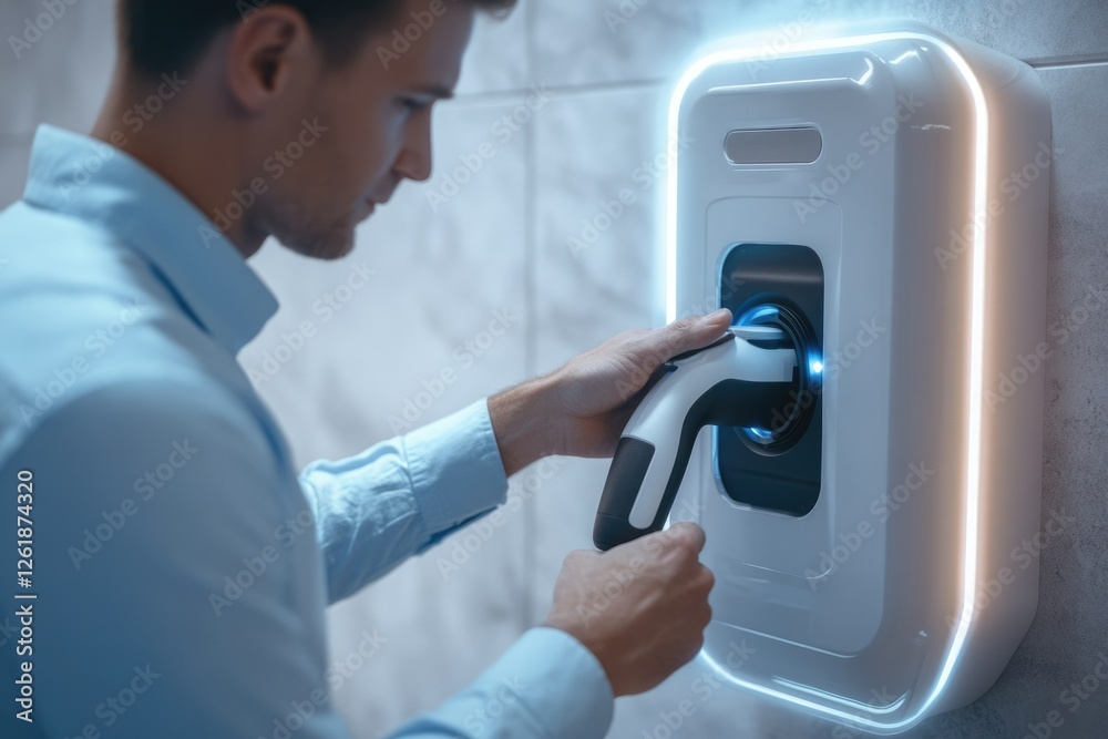 A man plugs in an electric vehicle charger, showcasing convenient EV charging infrastructure. A man plugs in an electric vehicle charger, showcasing convenient EV charging infrastructure.