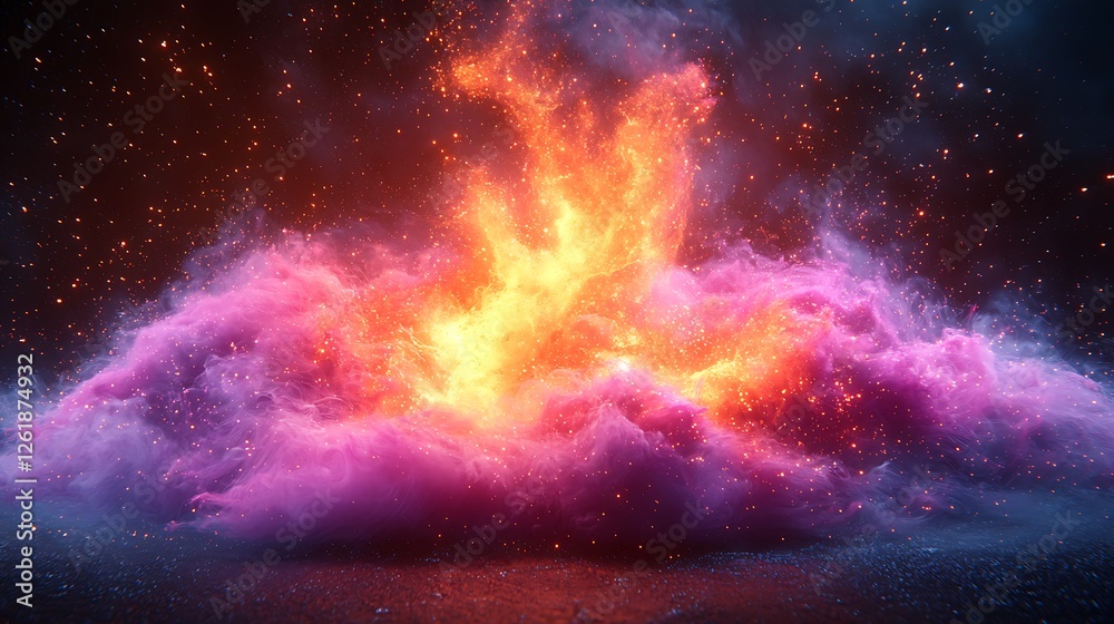 Obraz premium Fiery Eruption: A vibrant and ethereal spectacle unfolds as a radiant inferno erupts from a swirling mass of violet smoke, creating a mesmerizing juxtaposition of fire and vapor.