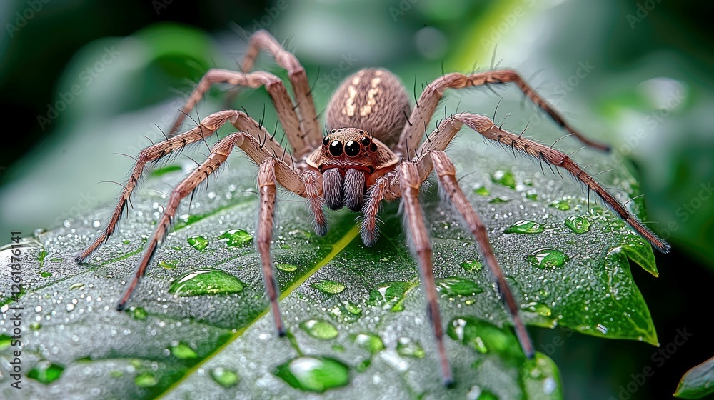 Close-up shot of a spider on a dewy leaf in nature. Amazing wildlife photography showcasing intricate details of the spider's body and the water droplets on the leaf. Close-up shot of a spider on a dewy leaf in nature. Amazing wildlife photography showcasing intricate details of the spider's body and the water droplets on the leaf.
