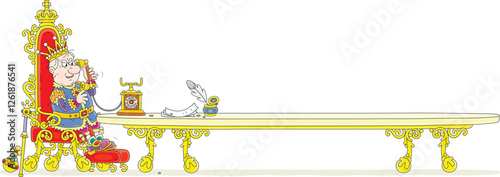 Angry king sitting on his golden throne at a long royal table and talking on a vintage telephone, vector cartoon illustration isolated on a white background