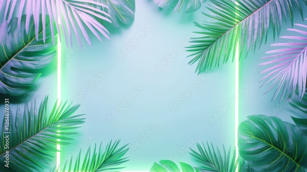Neon Glow Framed by Tropical Leaves on Soft Background