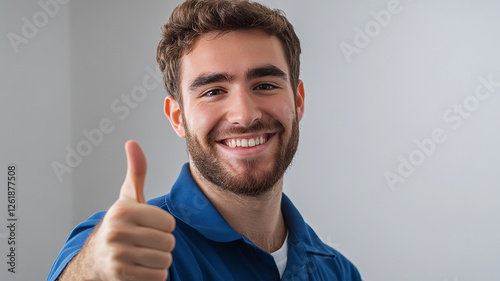 A young beautiful man worker raised her hand and smiled, giving a thumbs-up Made with generative AI