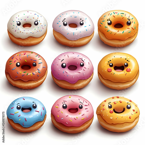 Adorable Kawaii Donuts Cartoon Illustration Sweet Treats Bakery photo