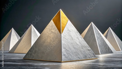 Metallic pyramids with golden tip against a dark background, modern abstract composition photo