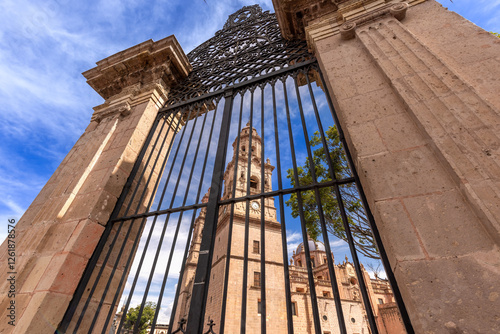 Mexico Morelia, popular tourist destination Morelia Cathedral on Plaza de Armas in historic center,