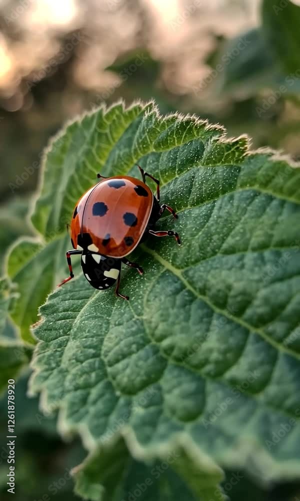 Colorful ladybug resting on green leaf in a natural setting Colorful ladybug resting on green leaf in a natural setting