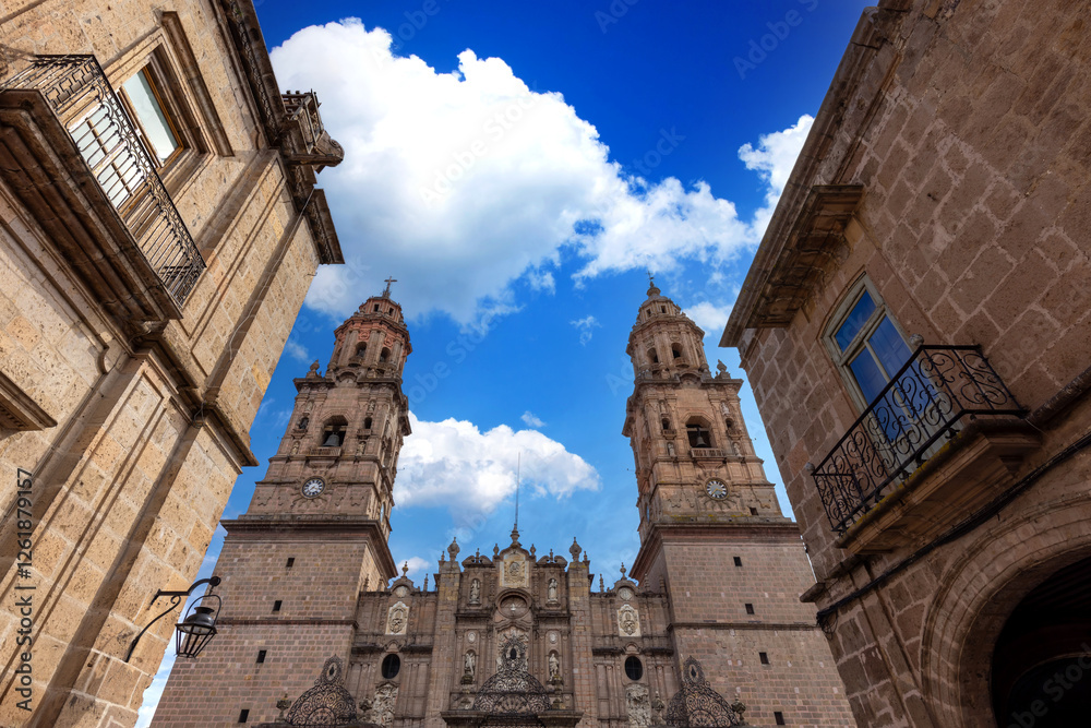 Mexico Morelia, popular tourist destination Morelia Cathedral on Plaza de Armas in historic center,