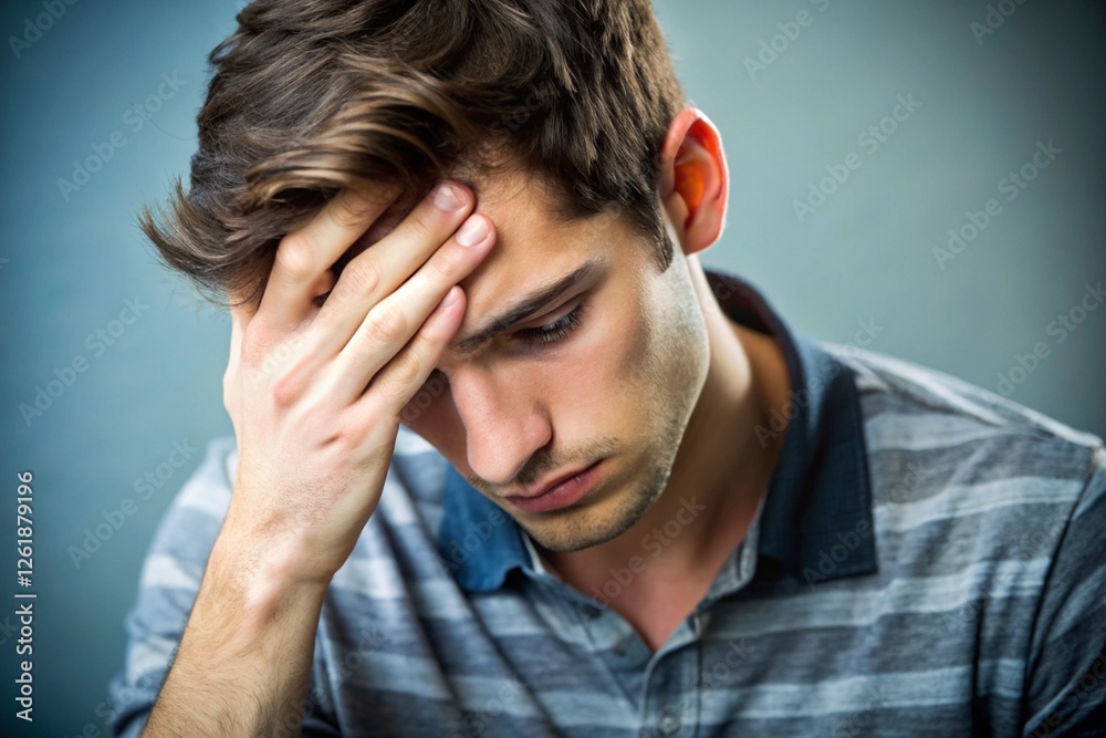 Fototapeta premium A man is looking down and rubbing his forehead
