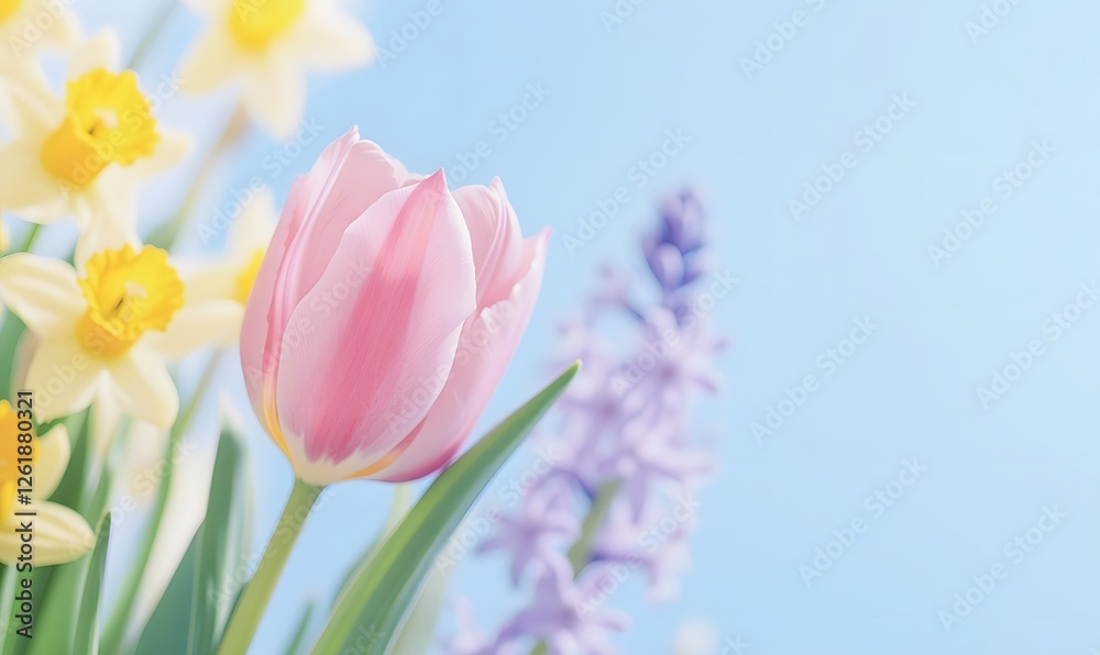 Fototapeta premium Spring flowers, tulips and hyacinths, on a pastel blue background. Generative AI