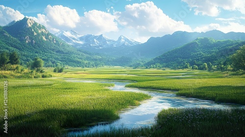 Scenic landscape featuring a river meandering through a lush meadow