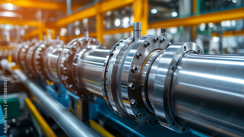 Obraz premium A long industrial pipe with multiple valves, symbolizing control and regulation of fluid flow. The blurred background emphasizes the significance of valves in machinery for proper function.