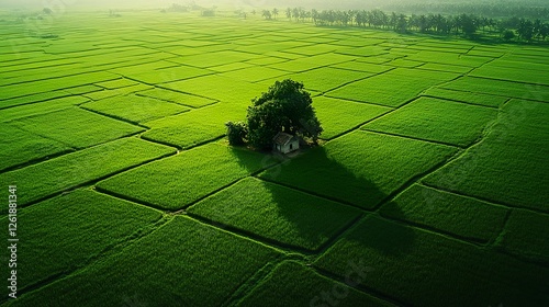 Aerial view of lush green paddy fields with a small hut