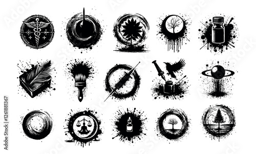 Set of Grunge Alchemy & Occult Symbols Silhouettes design