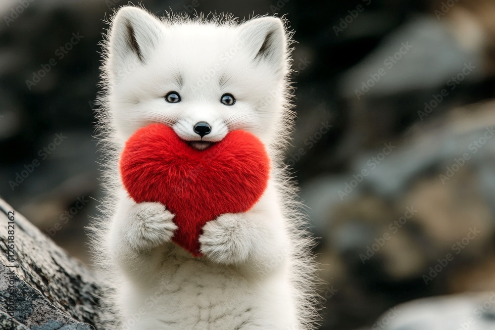 Cute arctic fox baby with fluffy red heart on in a natural habitat. Arctic fox - my desired animal. Digital ads animal visual idea art. Romantic animals in a heart shape. Passion in the wild. Cute arctic fox baby with fluffy red heart on in a natural habitat. Arctic fox - my desired animal. Digital ads animal visual idea art. Romantic animals in a heart shape. Passion in the wild.