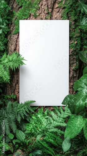 Blank White Paper Mockup Against Lush Green Tree Bark