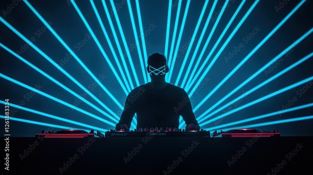 Fototapeta premium A DJ performs under vibrant blue laser lights, creating an energetic atmosphere in a club setting.