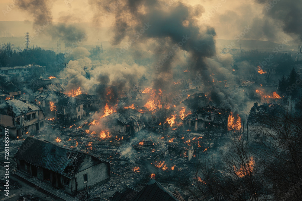 Aerial view of burning village