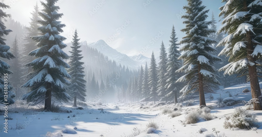 Fototapeta premium Frosty valley with towering evergreen trees blanketed in thick layer of white snow, evergreen trees, snowy woods