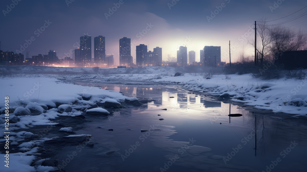 Naklejka premium Snowy Urban Landscape at Sunset