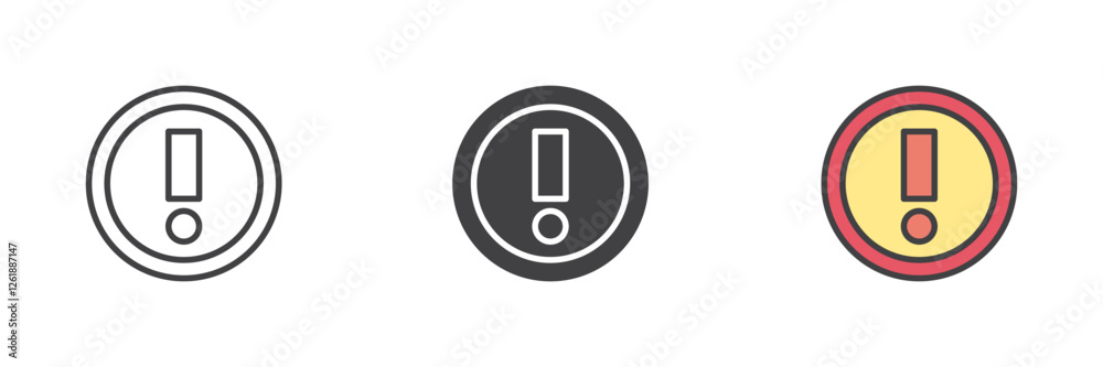 Exclamation point inside a circle different style icon set Exclamation point inside a circle different style icon set