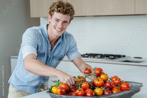 A young man smiles while placing a harvest of colorful tomatoes into a rustic metal container in a modern kitchen. photo