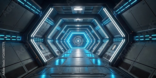 Futuristic Hexagonal Corridor with Neon Blue Illumination