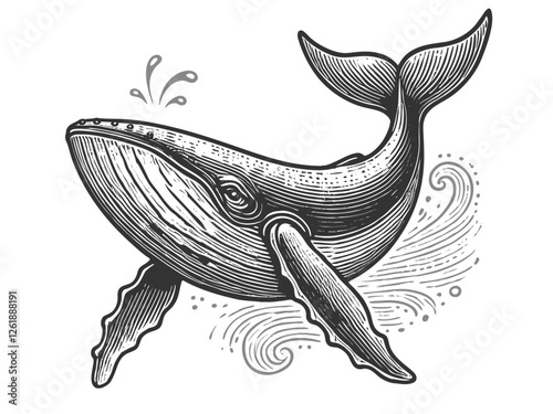 Humpback Whale Jumping from Waves engraving vector