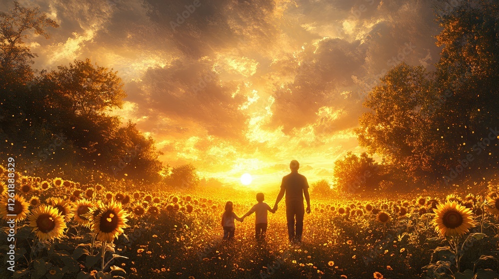 Man and child walking hand in hand through a field of sunflowers in bright daylight Man and child walking hand in hand through a field of sunflowers in bright daylight