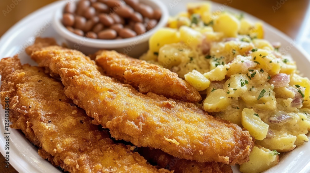 Golden fried catfish with hearty baked beans and creamy potato salad, bringing Southern flavors to every bite. Golden fried catfish with hearty baked beans and creamy potato salad, bringing Southern flavors to every bite.