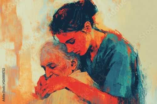A young woman tenderly embraces an elderly woman, showing love and compassion.