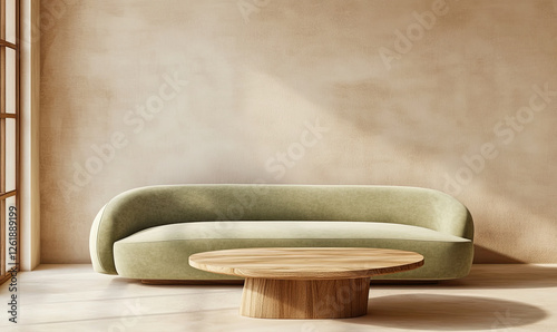 Beige minimalist living room with light green sofa and wooden coffee table, sunlit interior photo